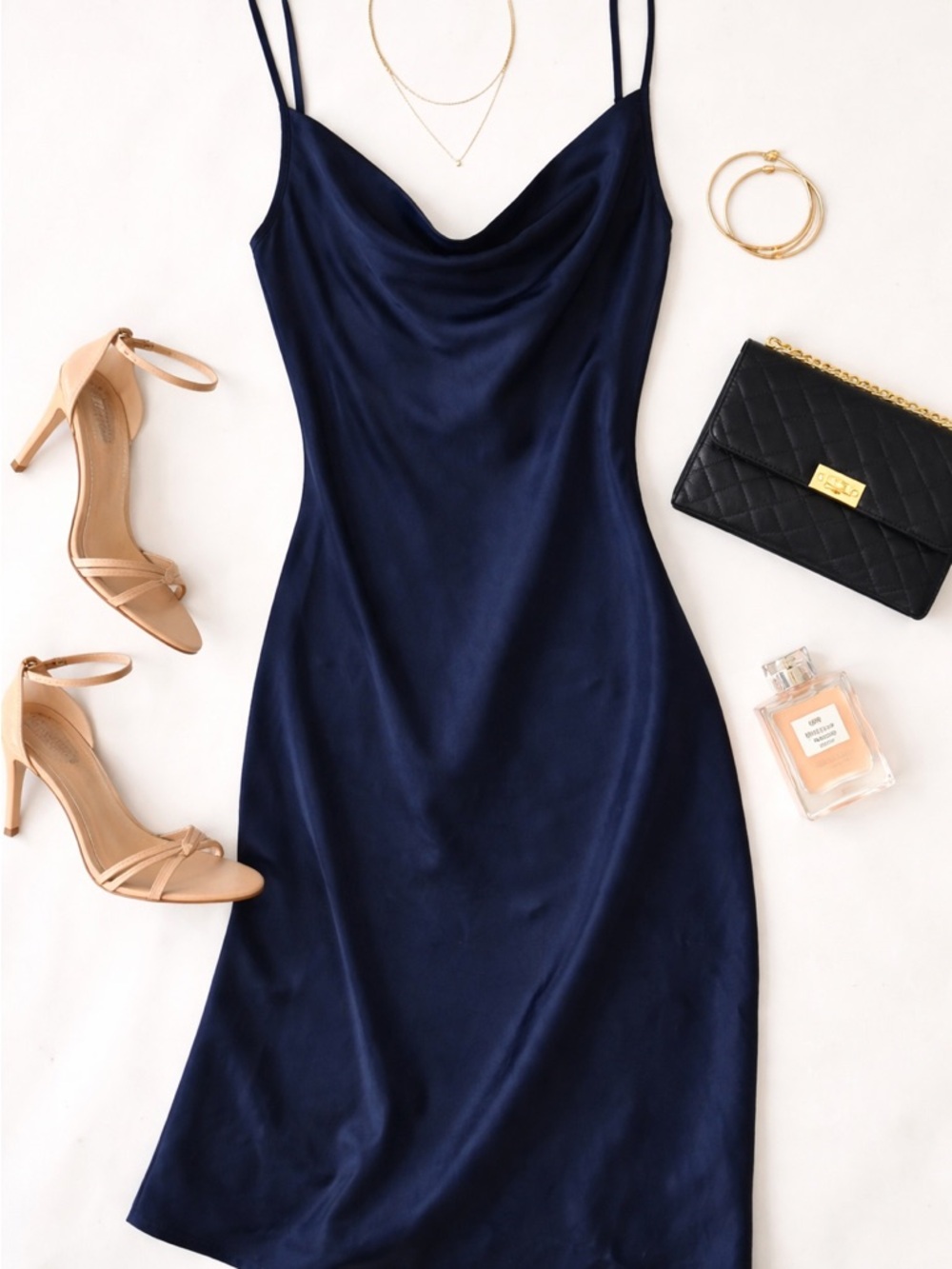 Pink Lily Navy Satin Slip Dress | Cowl Neck | NWOT | Size Medium